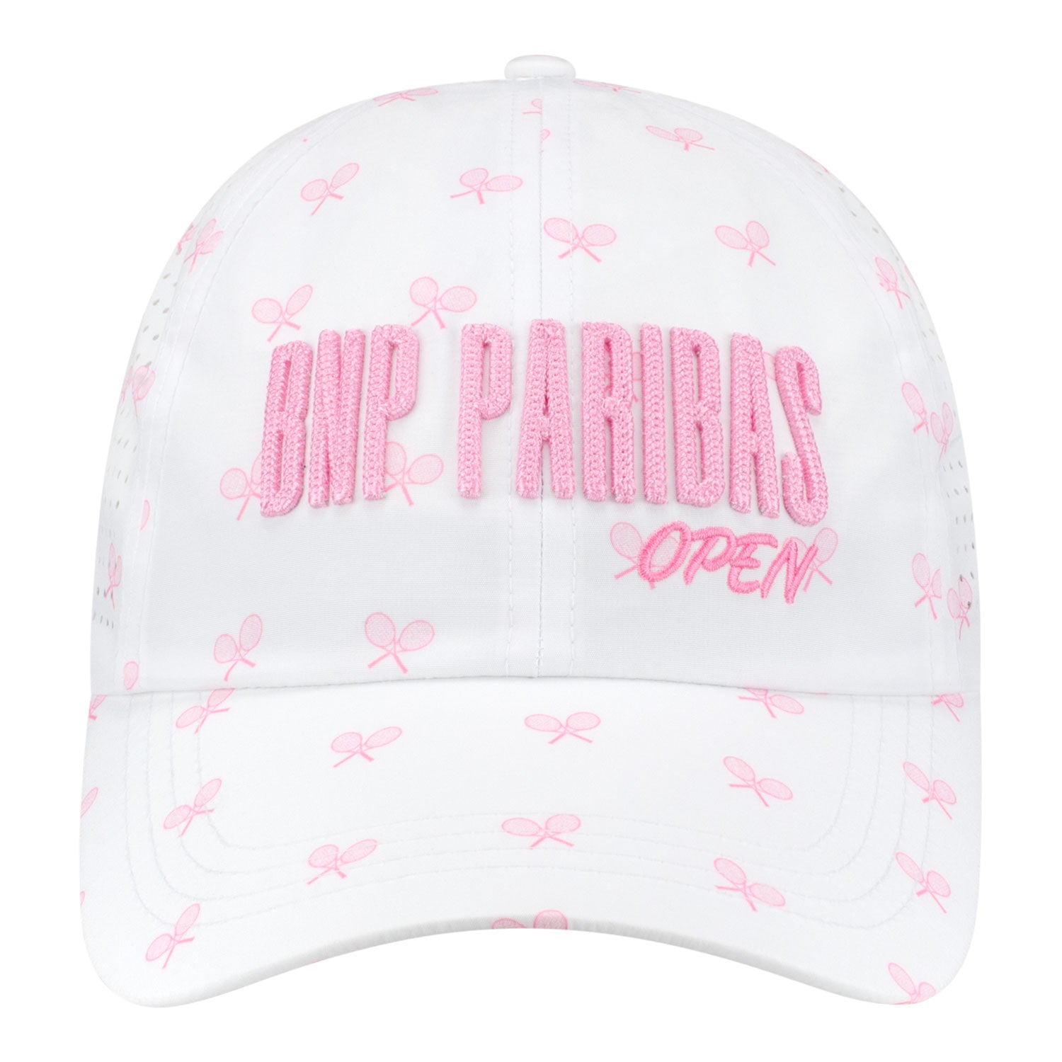 Vimhue BNP Paribas Open Ladies Sun Goddess Crossed Racket Hat in White and Pink - Front View