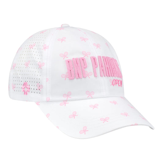 Vimhue BNP Paribas Open Ladies Sun Goddess Crossed Racket Hat in White and Pink - Angled Front Right View