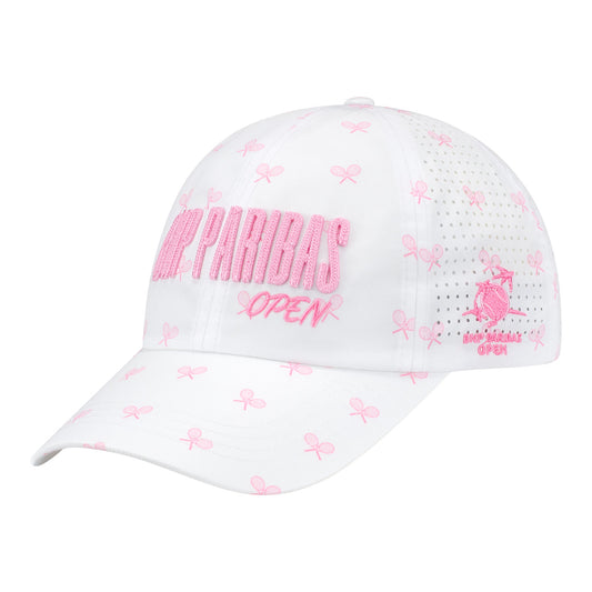 Vimhue BNP Paribas Open Ladies Sun Goddess Crossed Racket Hat in White and Pink - Angled Front Left View