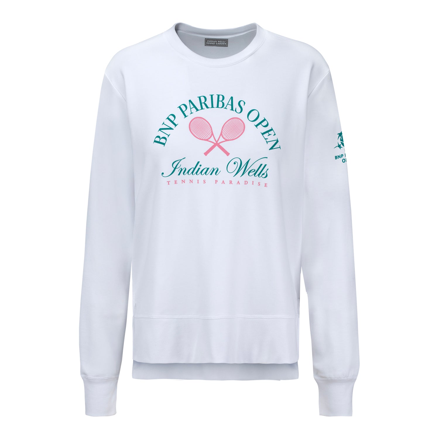 Ahead BNP Paribas Open Women's Crossed Racket Crewneck Sweatshirt in White - Front View
