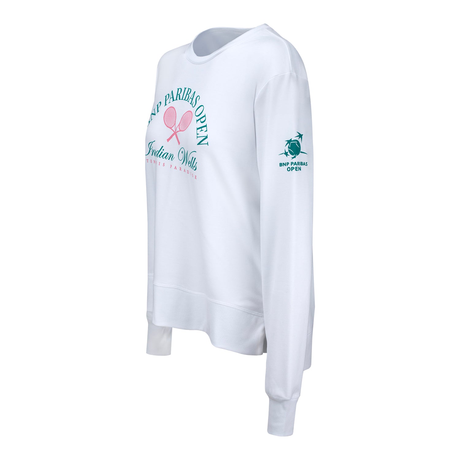 Ahead BNP Paribas Open Women's Crossed Racket Crewneck Sweatshirt in White - Left Side View