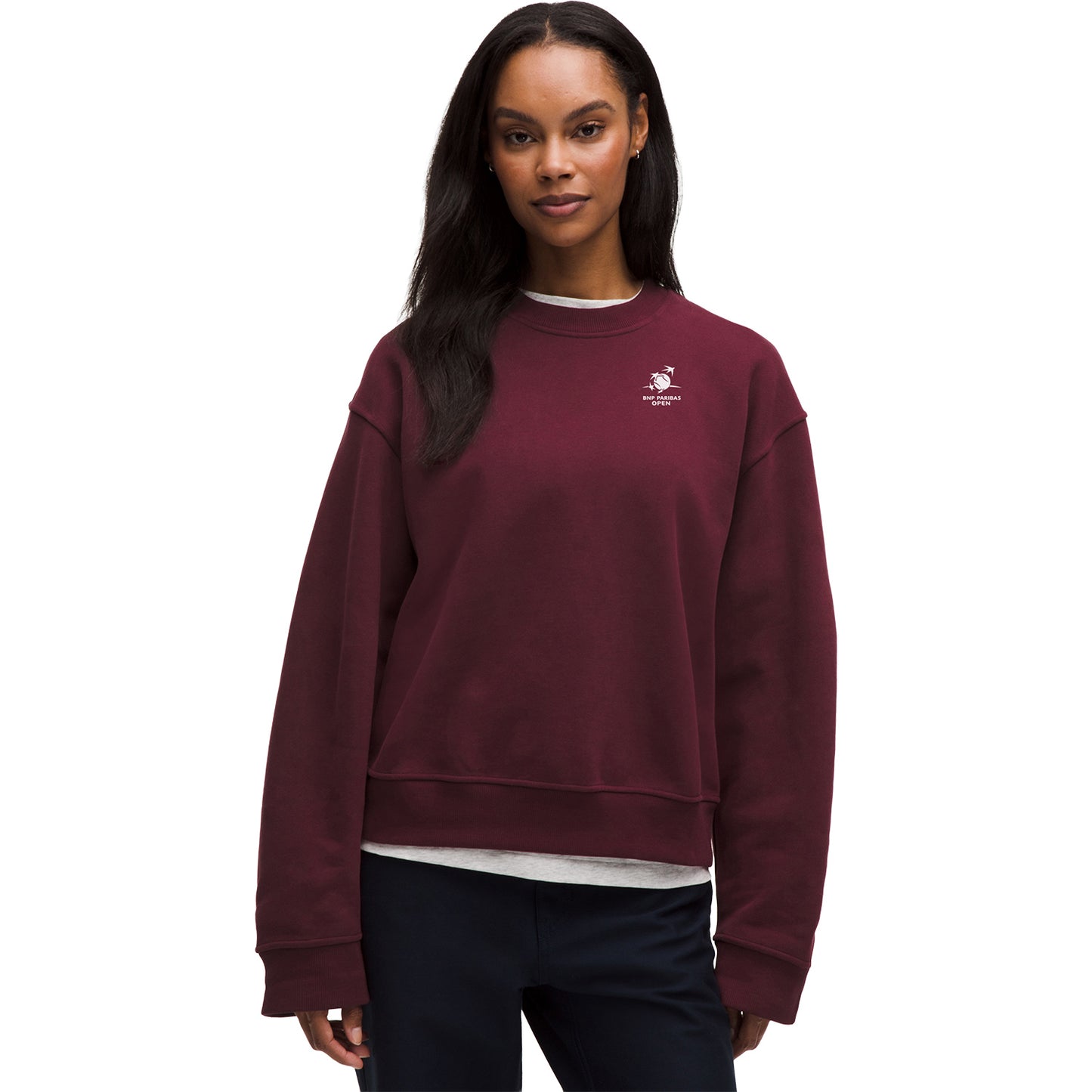 lululemon BNP Paribas Open Women's Steady State Oversized Crew in Burgundy Bay - Modeled Front View