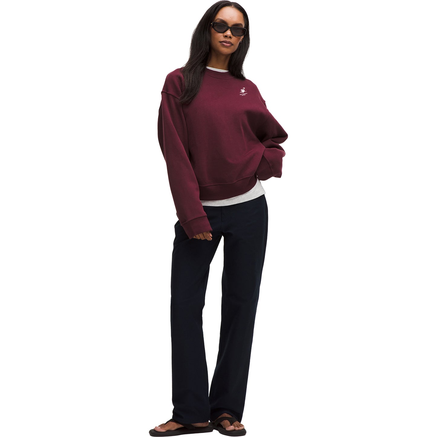 lululemon BNP Paribas Open Women's Steady State Oversized Crew in Burgundy Bay - Modeled Full Body