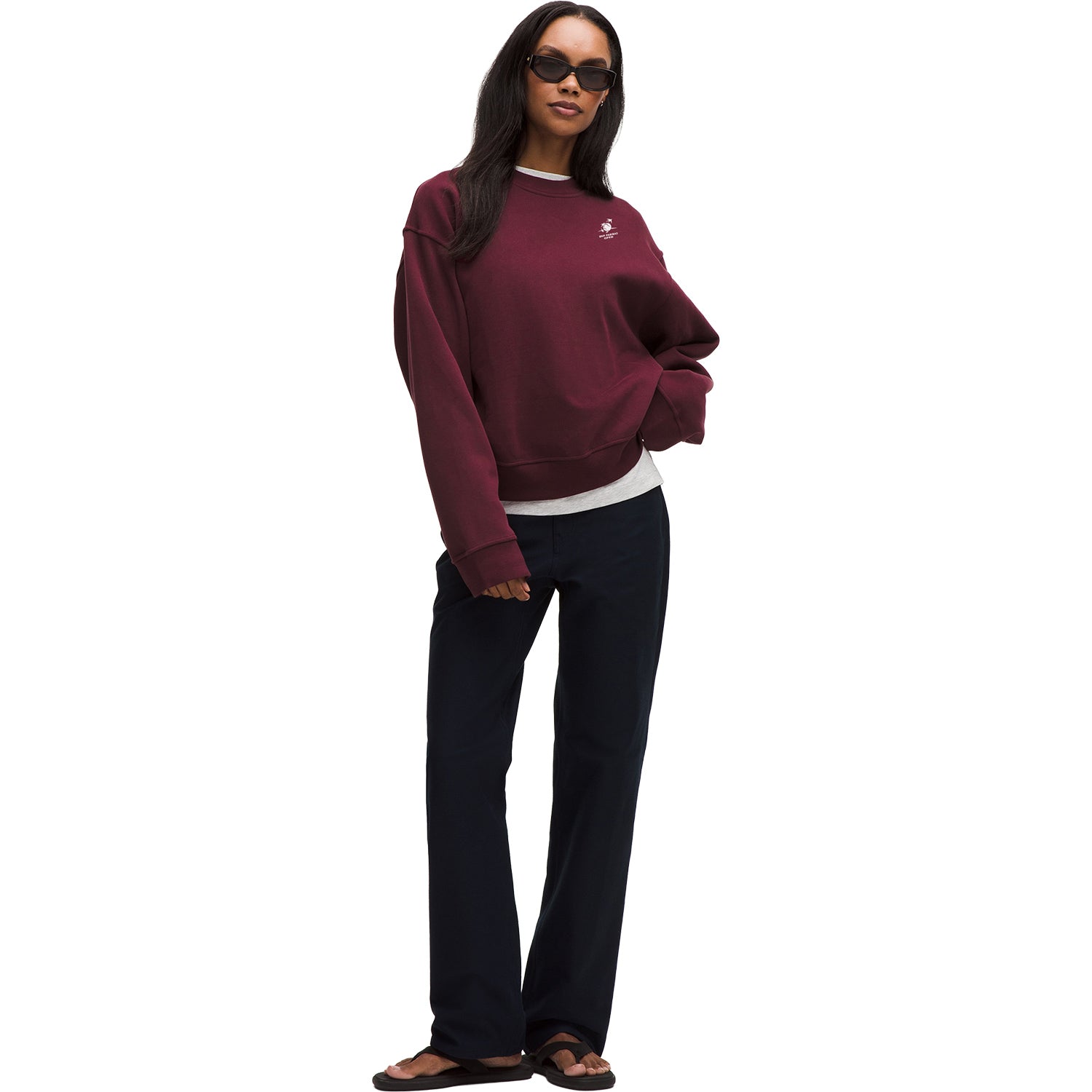 lululemon BNP Paribas Open Women's Steady State Oversized Crew in Burgundy Bay - Modeled Full Body