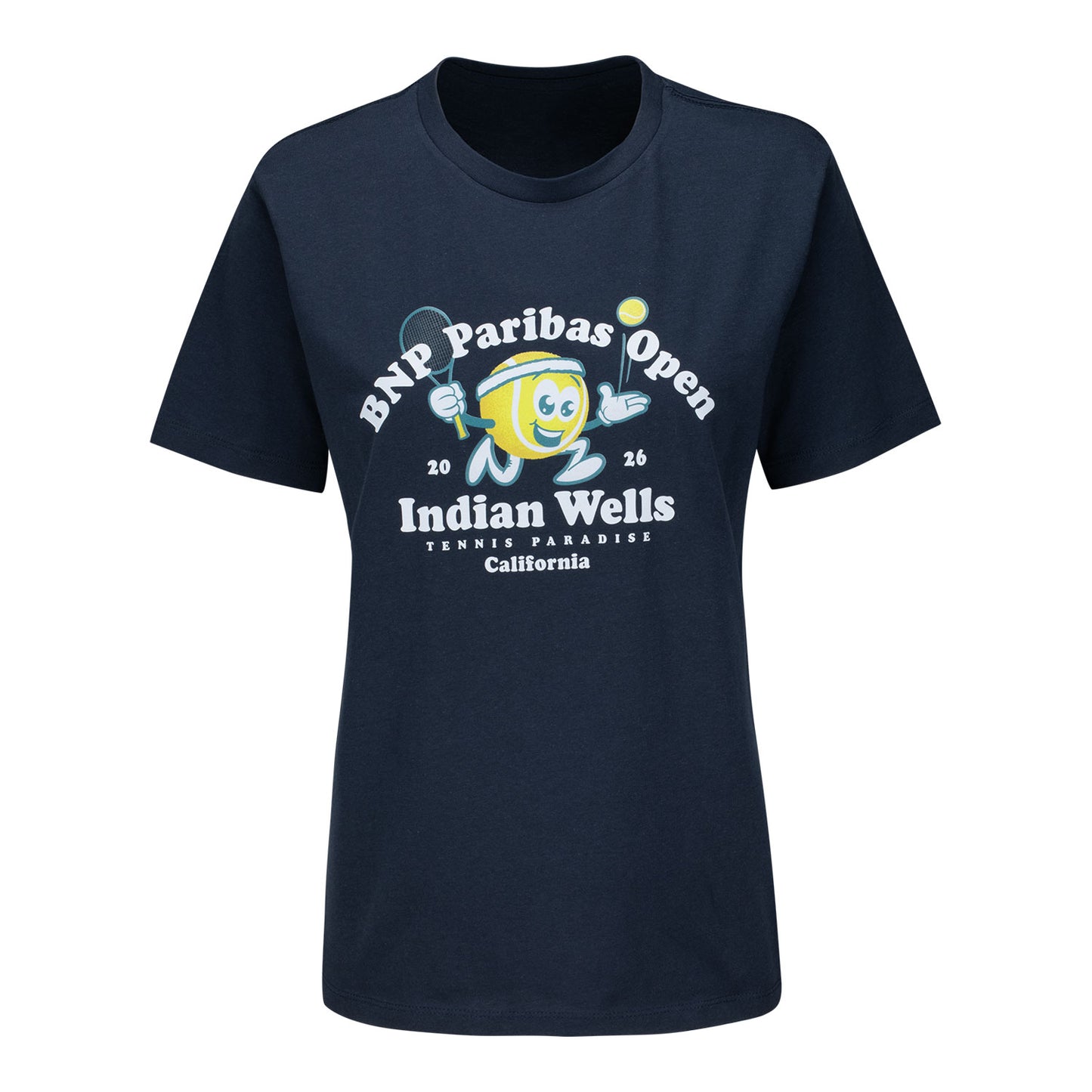 Ahead BNP Paribas Open Women's Tennis Ball Guy T-Shirt in Blue - Front View