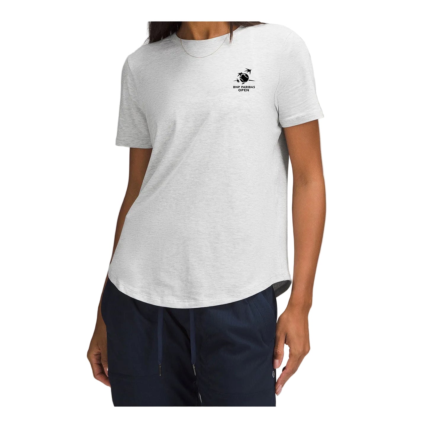 lululemon BNP Paribas Open Women's Love Crewneck T-Shirt in Heathered Core Ultra Light Grey - Modeled Front View