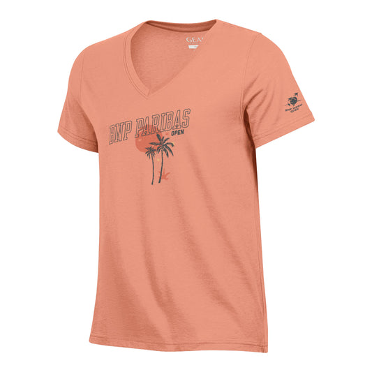 Gear for Sports BNP Paribas Open Women's Palm Tree Sunset V-Neck T-Shirt in Melon - Front View