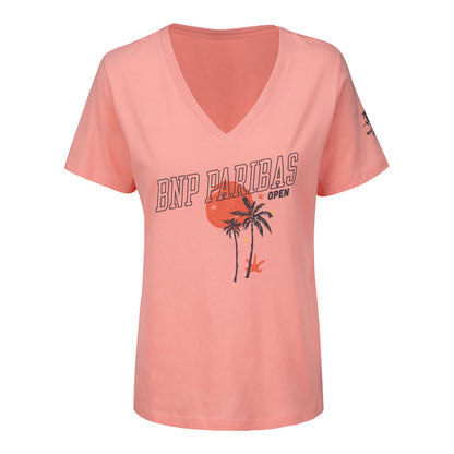 Gear for Sports BNP Paribas Open Women's Palm Tree Sunset V-Neck T-Shirt in Melon - Front View