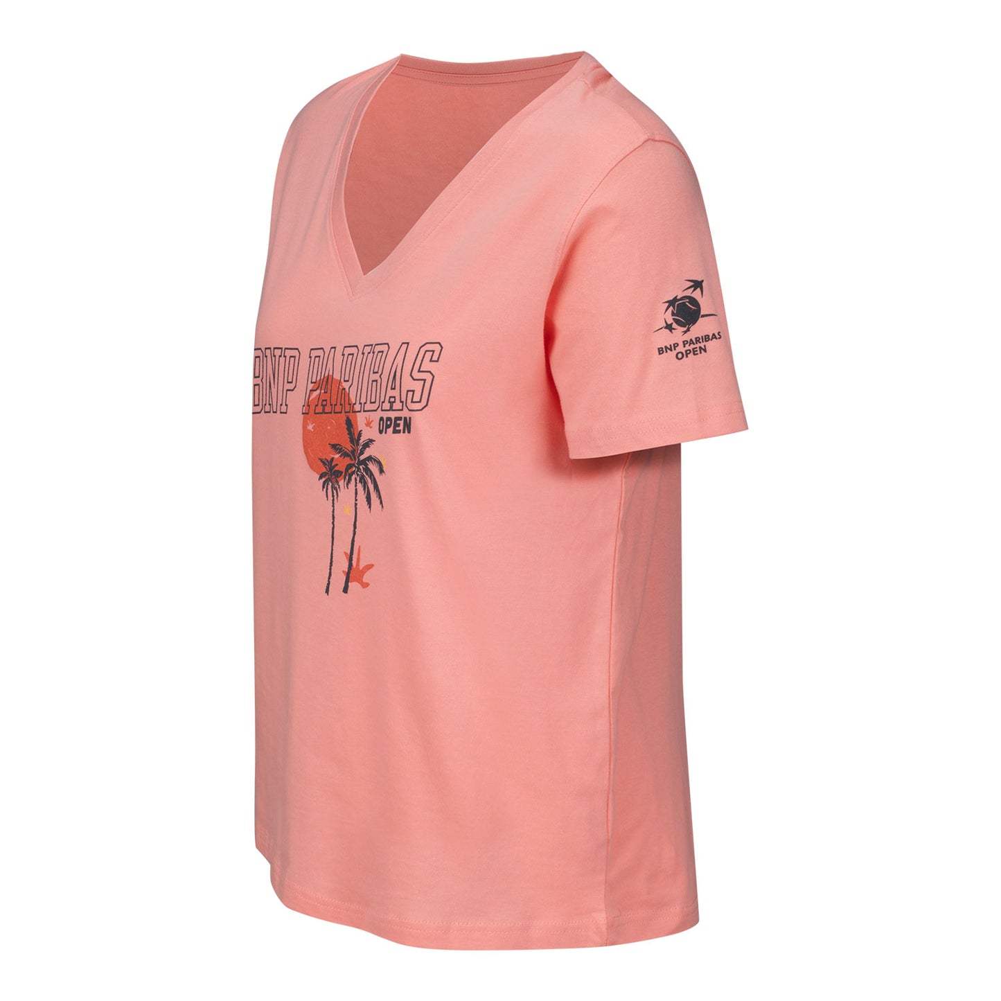 Gear for Sports BNP Paribas Open Women's Palm Tree Sunset V-Neck T-Shirt in Melon - Left Side