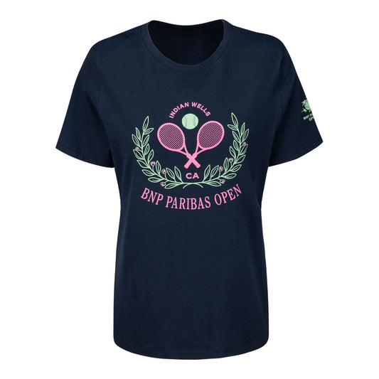 Gear for Sports BNP Paribas Open Women's Crossed Racket Laurel T-Shirt in Marine Navy - Front View