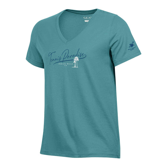 Gear for Sports BNP Paribas Open Women's Script Text V-Neck T-Shirt in Aqua Tonic - Front View