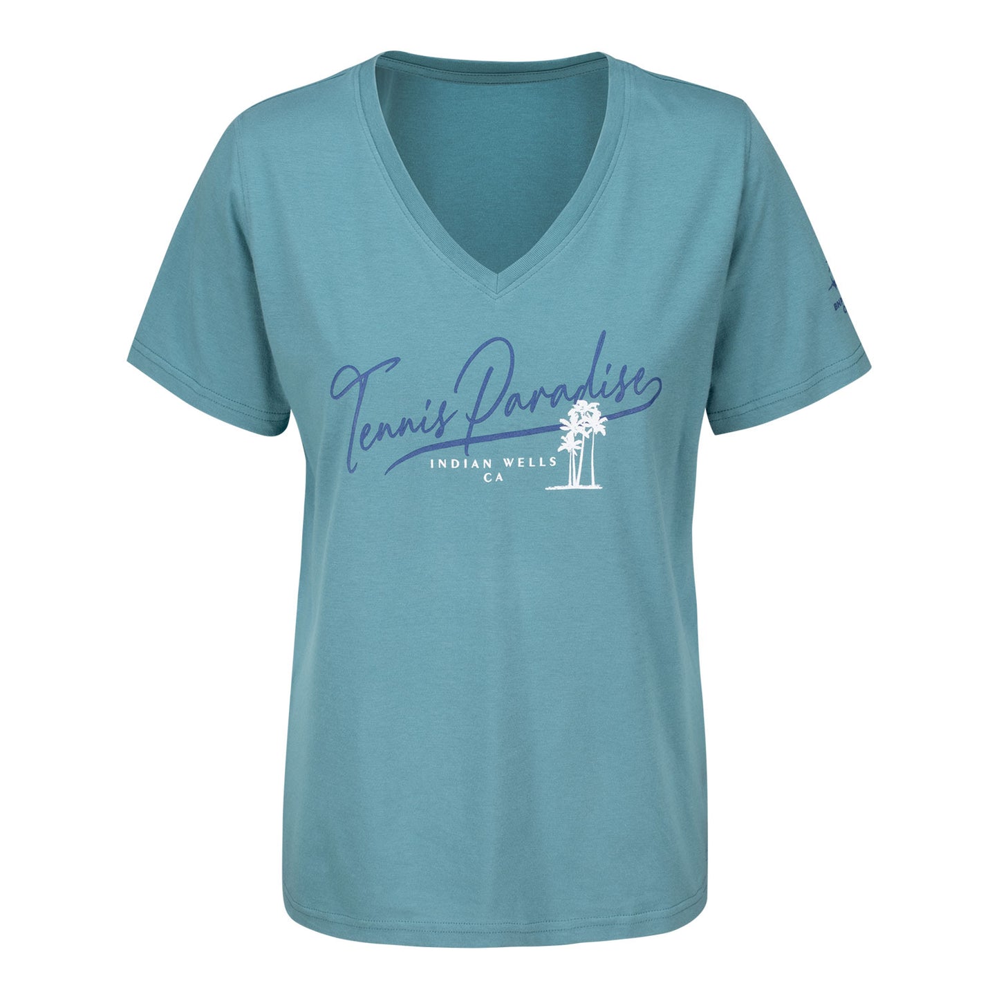 Gear for Sports BNP Paribas Open Women's Script Text V-Neck T-Shirt in Aqua Tonic - Front View
