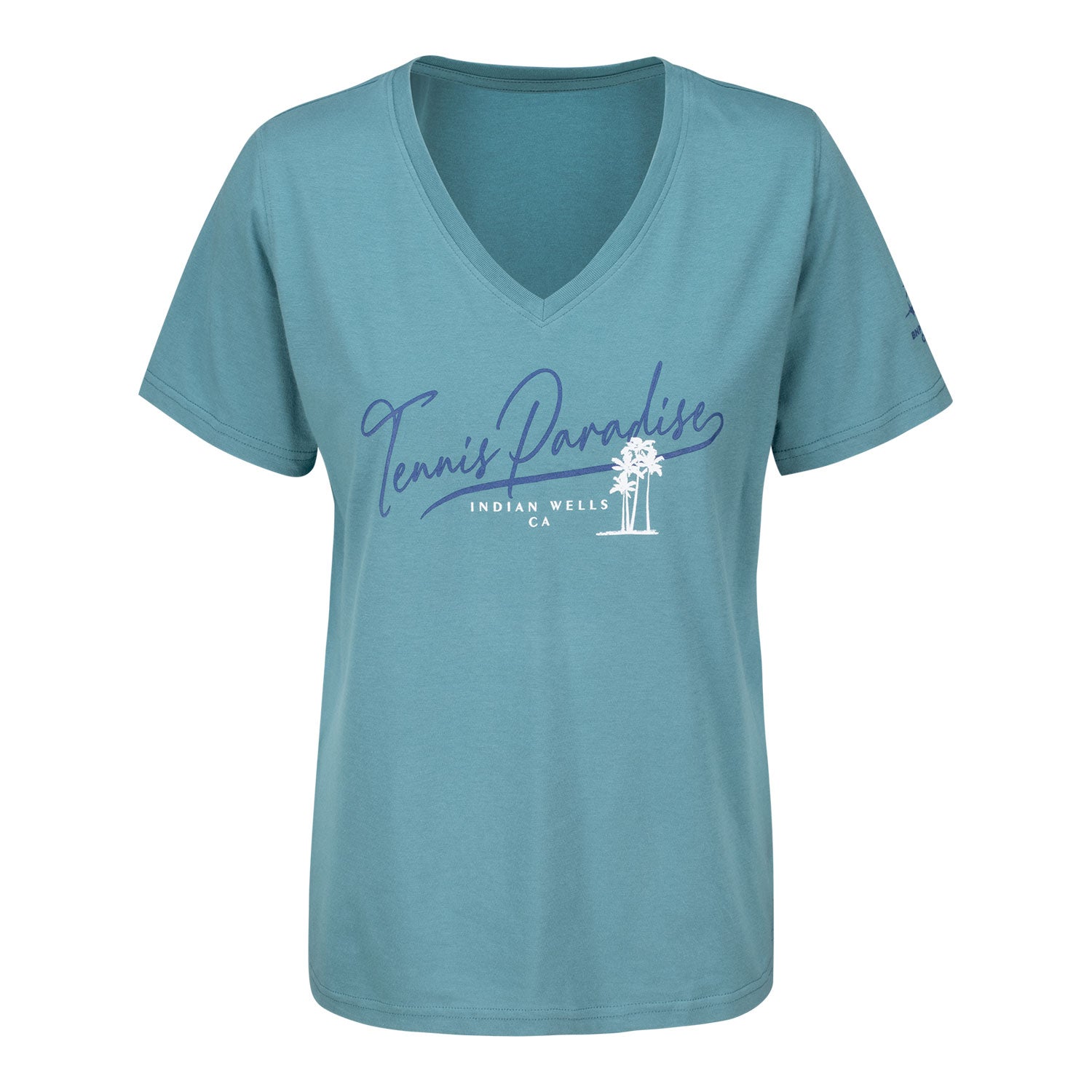 Gear for Sports BNP Paribas Open Women's Script Text V-Neck T-Shirt in Aqua Tonic - Front View
