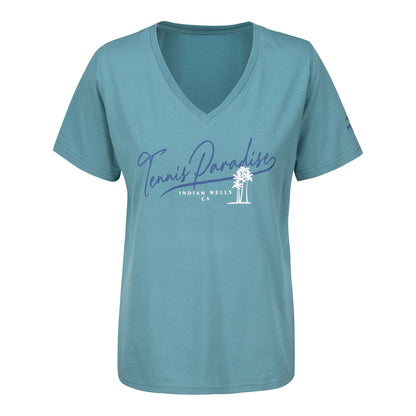 Gear for Sports BNP Paribas Open Women's Script Text V-Neck T-Shirt in Aqua Tonic - Front View