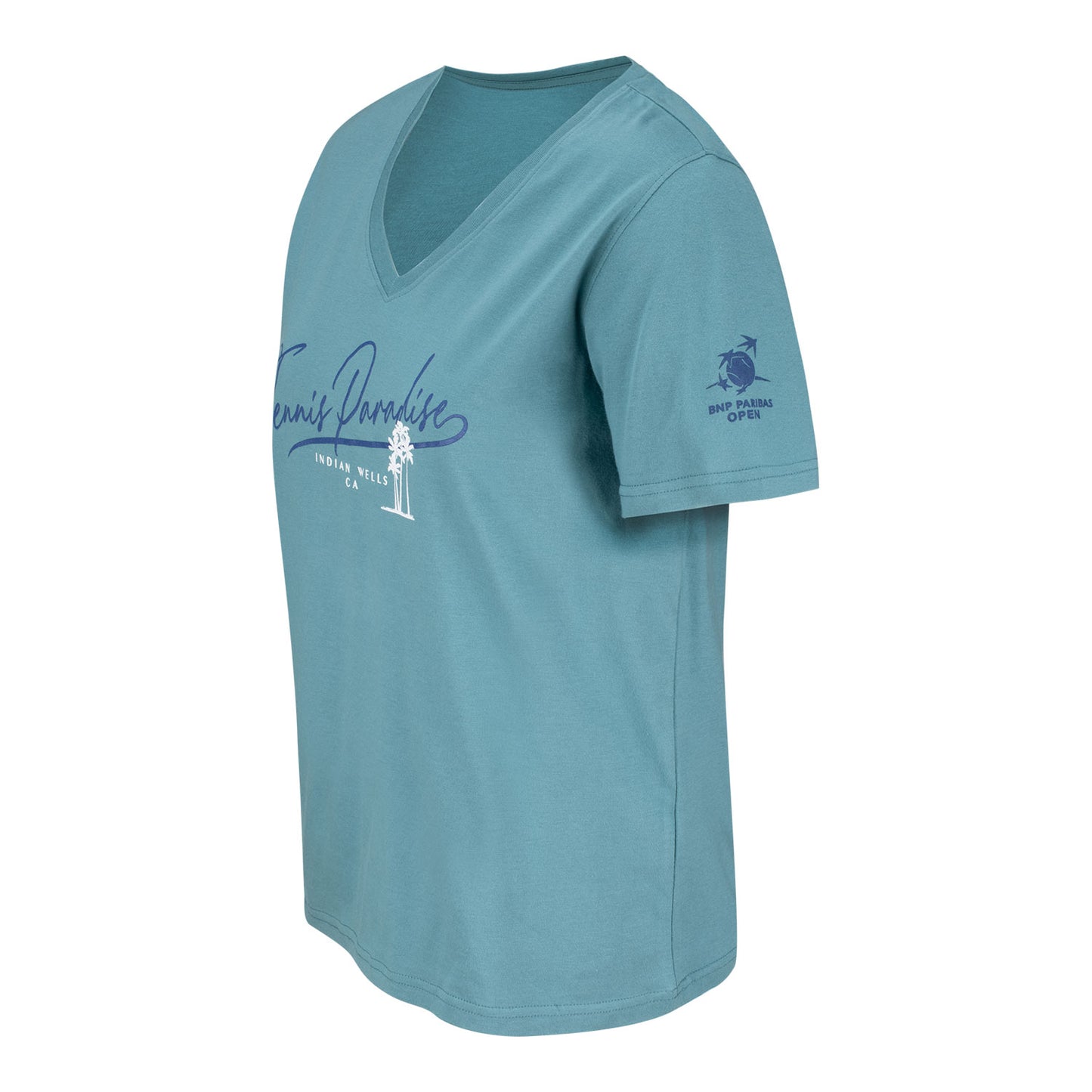 Gear for Sports BNP Paribas Open Women's Script Text V-Neck T-Shirt in Aqua Tonic - Left Side