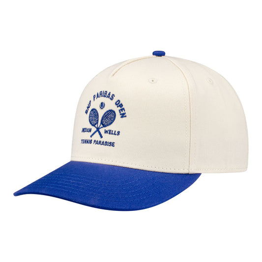 Ahead BNP Paribas Open Retro Two-Tone Racket Hat in Cream and Navy -  Angled Front Left View