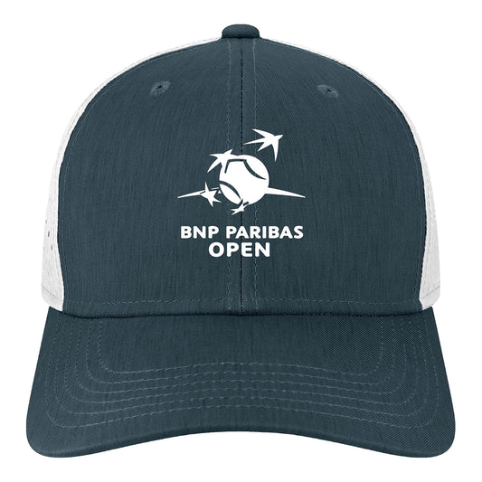 Legacy 2026 BNP Paribas Open Logo Trucker Hat in Navy and White - Front View