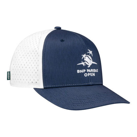 Legacy 2026 BNP Paribas Open Logo Trucker Hat in Navy and White - Angled Front Right View