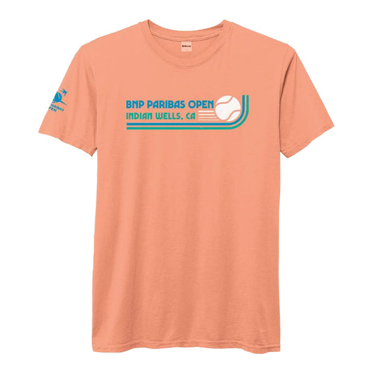 Legacy 2026 BNP Paribas Open Retro Tennis Ball T-Shirt in Sunset - Front View